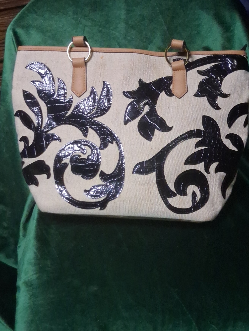 Bueno Canvas & Faux Leather Scroll Floral Shoulder Bag Cream Black